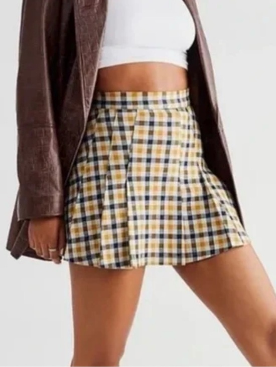 Free People Dresses & Skirts - Free People Mustard, Black & White Plaid Skater Skirt